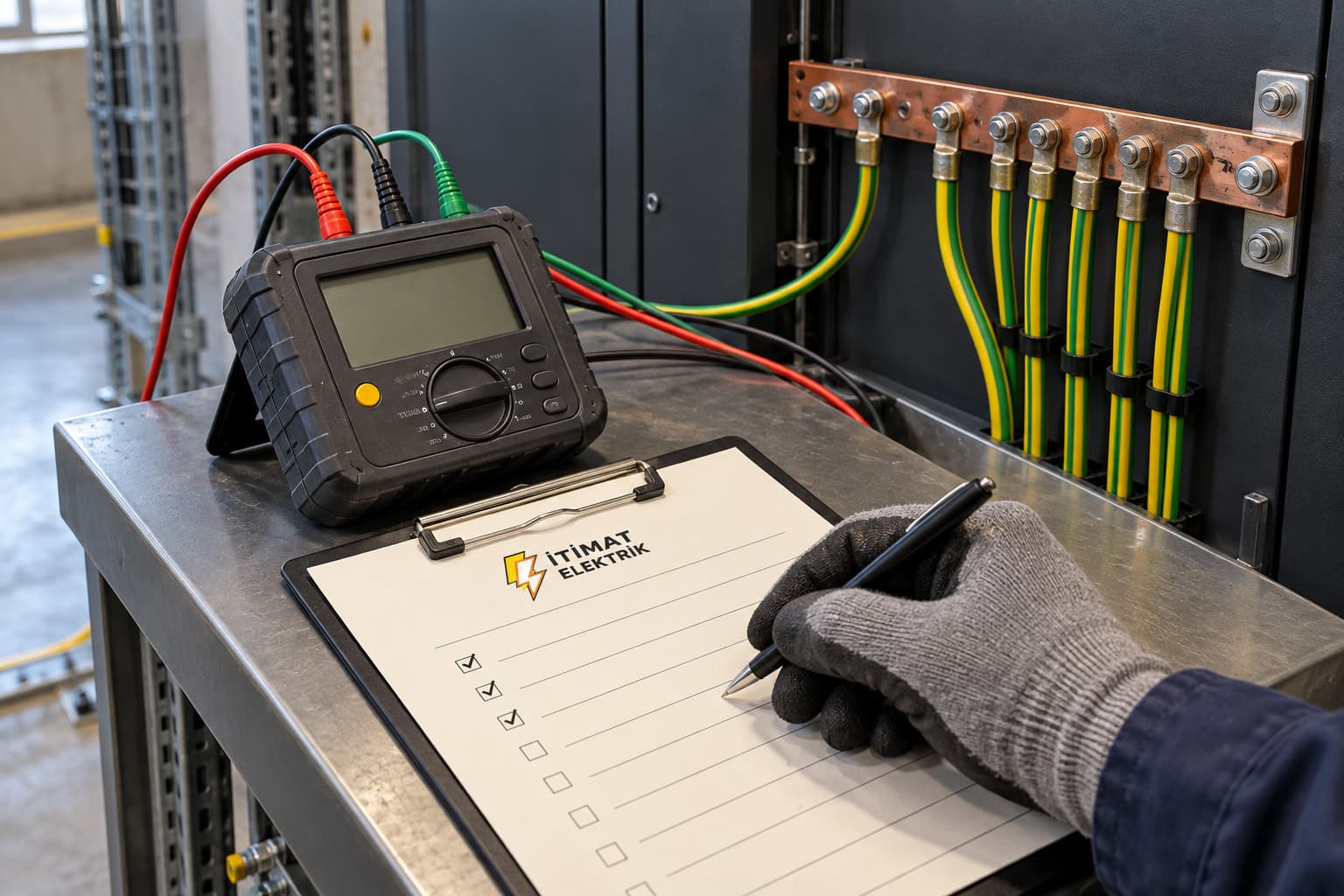 Topraklama barasına bağlı ölçüm cihazının yanında İtimat Elektrik logolu kontrol formu; eldivenli el işaretliyor