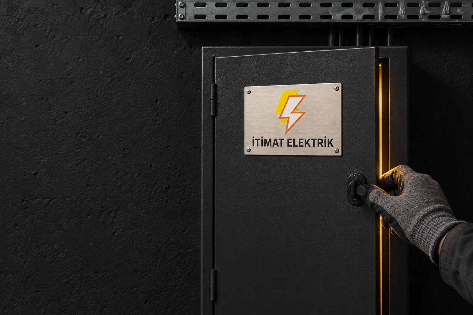 Antrasit pano kapağında İtimat Elektrik plakası; eldivenli el mandalı çevirirken aralıktan sıcak ışık sızıyor