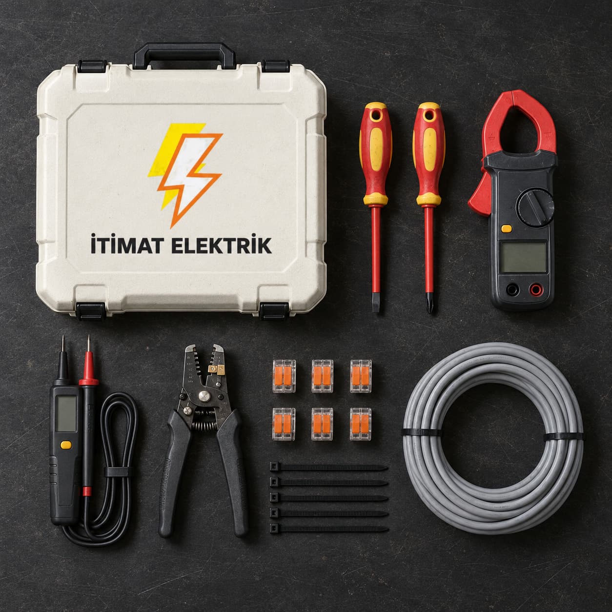 Antrasit tezgâhta düzenli dizilmiş elektrikçi aletleri ve kapağında İtimat Elektrik logosu olan alet çantası